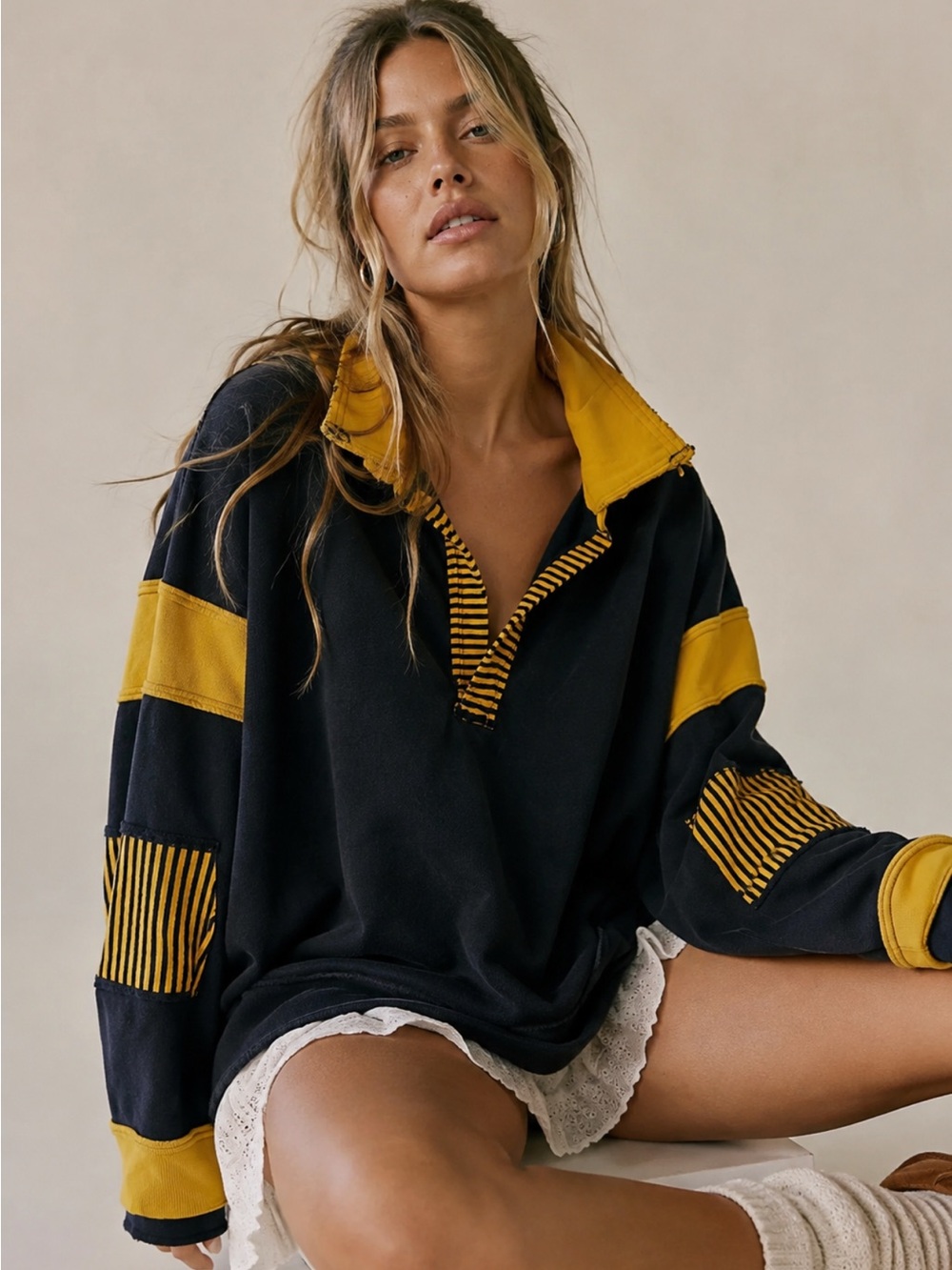 We The Free Free People Black Mustard Patchwork Rugby Pullover Oversized Top